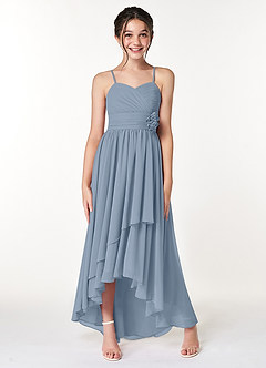 Azazie Catalina Junior Dusty Blue A-Line Ruched Chiffon Dress image4