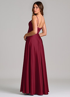 Azazie Amani Bridesmaid Dresses Burgundy A-Line Pleated Stretch Satin Dress image2
