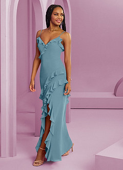 Barbie ♥ Azazie Robes de demoiselle d'honneur Robe Fourreau en Mousseline de soie Bleu Maussade image1