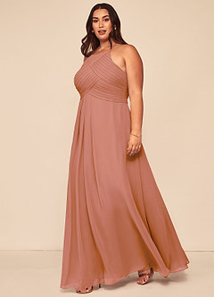 Azazie Ginger Vestidos de damas de honor Vestido de Mai Tai de Gasa de Corte en A con Halter Plisado image9