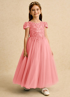 Azazie Puff Flower Girl Dresses Coral Ball-Gown Lace Tulle Dress image6