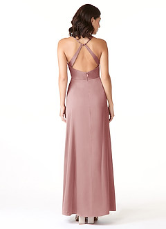 Azazie Geanna Bridesmaid Dresses Dusty Rose Sheath V-Neck Pleated Stretch Satin Dress image2