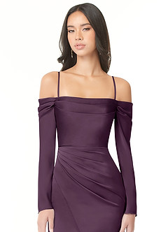Azazie Hallie Bridesmaid Dresses Plum Mermaid Off-The-Shoulder Long Sleeve Stretch Satin Convertible Dress image2