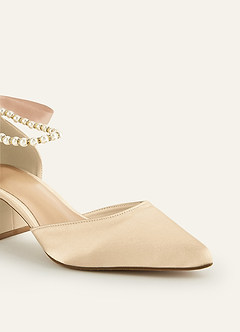 front Satin Pearl and Bow Pointed Toe Block Heels