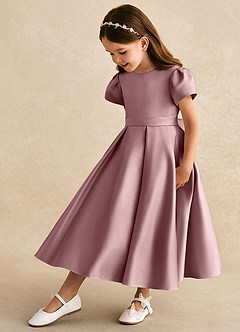 Azazie Princess vestidos de niña de las flores Vestido de Rosa Polvorienta de Satin Mate de Corte En A con Plisado image1