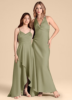 Azazie Prisha Junior Vestido de Pistacho de Satén Elástico de Corte en A con Plisado image3