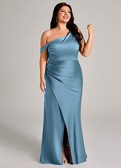 Azazie Madelyn Bridesmaid Dresses Steel Blue Mermaid One Shoulder Stretch Satin Convertible Dress image13