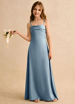 Azazie Mirabella Girls Formal Robe Demoiselle D'honneur Fillette Robe Fourreau en Satin extensible Encolure en Forme de Cœur Bleu Poussiéreux image3