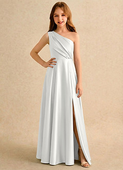 Azazie Puddles Girls Formal 플라워 걸 드레스 A라인 한쪽 어깨 스트레치 새틴 플로어 길이 드레스 image1