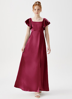 Azazie Bondi Junior Burgundy A-Line Side Slit Metallic Satin Dress image4