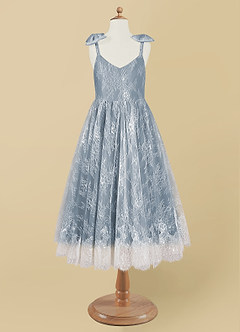 Azazie Tilly Flower Girl Dresses Diamond White Dusty Blue A-Line Lace Dress image7