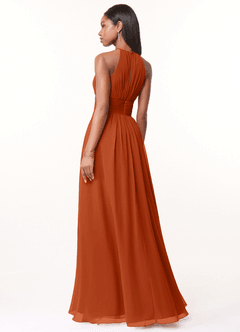 Azazie Bonnie Robes de demoiselle d'honneur Robe Trapèze en Mousseline de soie Trou de serrure froncé Orange Brûlée image2