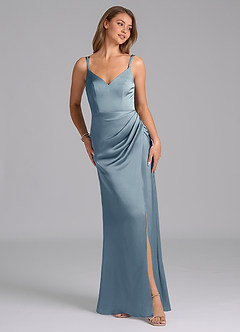 Azazie Leo Final Sale Dusty Blue Sheath Pleated Stretch Satin Dress image4