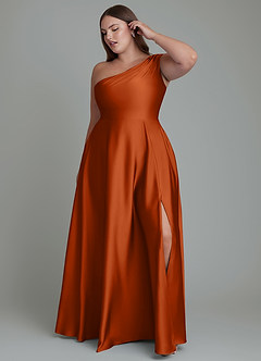 Azazie Melanie Bridesmaid Dresses Burnt Orange A-Line Off the Shoulder Stretch Satin Dress image9