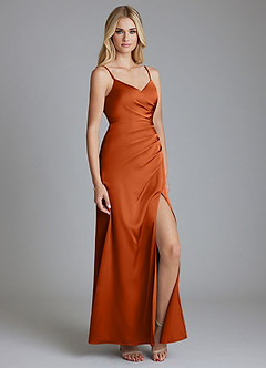 Azazie Azuree Vestidos de damas de honor Vestido de Naranja Quemada de Satén Elástico de Corte en A con Plisado image3