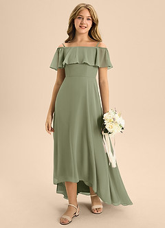 Azazie Maggie Junior Pistachio A-Line Off the Shoulder Chiffon Dress image3