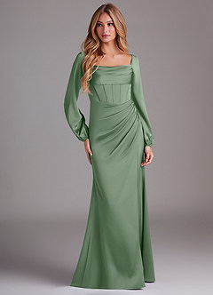 Azazie Charissa Bridesmaid Dresses Matcha Sheath Long Sleeve Stretch Satin Dress image3