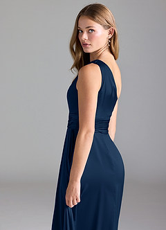 Azazie Dallas Bridesmaid Dresses Dark Navy A-Line One Shoulder Stretch Satin Dress image7