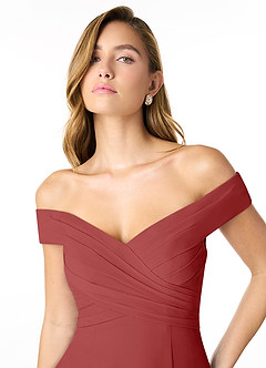 Azazie Lecia Bridesmaid Dresses Rust Empire Off-The-Shoulder Pleated Chiffon Convertible Dress image6