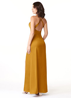 Azazie Geanna Vestidos de damas de honor Vestido de Caramelo de Satén Elástico de Corte Recto con Cuello en V Plisado image4