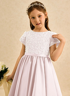 Azazie Cashew Flower Girl Dresses Blushing Pink Ball-Gown with Sleeves Matte Satin Dress image6