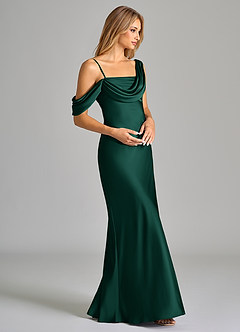 Azazie Celina Bridesmaid Dresses Emerald Sheath Off the Shoulder Stretch Satin Dress image6