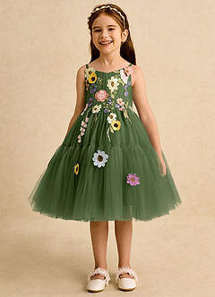 Azazie Osea Flower Girl Dresses Olive Ball-Gown Pleated Tulle Dress image4
