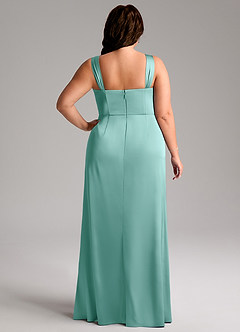 Azazie Denice Bridesmaid Dresses Aqua Sheath Pleated Stretch Satin Dress image11