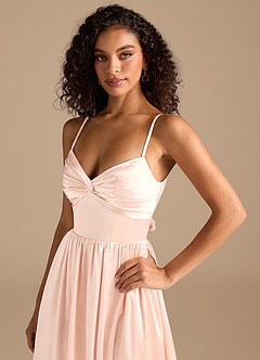 Azazie Zeya Bridesmaid Dresses Rose Gold A-Line Pleated Metallic Satin Dress image3