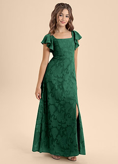 Azazie Bondi Junior Vestido de Verde Oscuro de Devorado Floral de Corte en A con Lazo image6