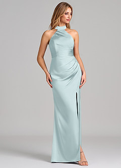 Azazie Karlotta Bridesmaid Dresses Mist Sheath Pleated Stretch Satin Dress image5