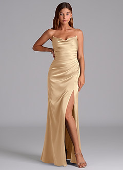 Azazie Claudelle Bridesmaid Dresses Champagne Mermaid Strapless Stretch Satin Dress image5
