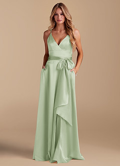 Azazie Sophia Venta Final Vestido de Salvia Polvorienta de Satén Metálico de Corte en A con Con bolsillos image3