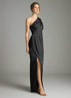 Azazie Emorie Final Sale Black Sheath One Shoulder Stretch Satin Dress image4