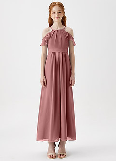 Azazie Chaya Junior Robe Trapèze en Mousseline de soie Épaule décolletée Rose Du Désert image3