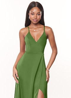 Azazie Maksim Bridesmaid Dresses Basil A-Line V-Neck Stretch Satin Dress image5