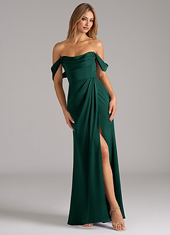 Azazie Johana Bridesmaid Dresses Emerald Mermaid Off the Shoulder Stretch Satin Convertible Dress image1