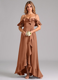 Azazie Lyra Bridesmaid Dresses Bronzer A-Line Off the Shoulder Stretch Satin Convertible Dress image5