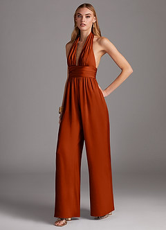 Azazie Oli Jurken voor bruidsmeisjes Jumpsuit van Stretch Satijn Geplooid Paprika image1