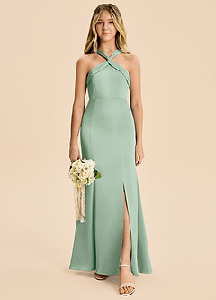 Azazie Rue Junior Agave Mermaid Pleated Stretch Satin Dress image4