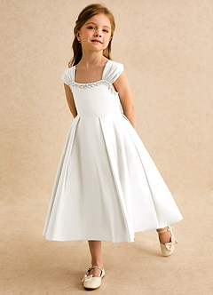 Azazie Yosemite Jurken voor bloemenmeisjes Baljurk Jurk van Mat Satijn Sweetheart Halslijn Ivoor image6