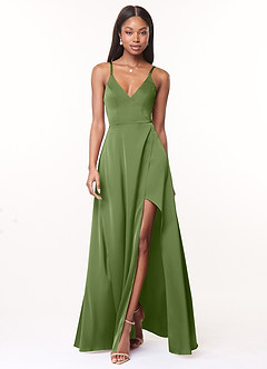 Azazie Maksim Robes de demoiselle d'honneur Robe Trapèze en Satin extensible Col en V Genévrier image1