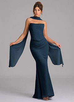 Azazie Sorrel Vestidos de damas de honor Vestido Azul Marino Oscuro de Gasa de Corte Sirena con Corsé image1