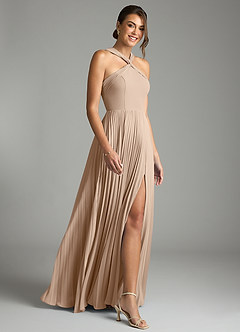 Azazie Afra Abiti da Damigella Abito A-Line in Chiffon Plissettato Taupe image3