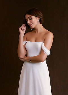 Azazie Ava At-home Try On Dresses Diamond White A-Line Off the Shoulder Stretch Chiffon Dress image5