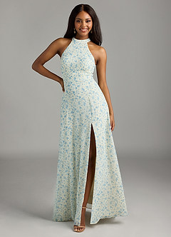 Azazie Clarice Bridesmaid Dresses Blue And White Ditsy Floral A-Line Halter Chiffon Dress image1