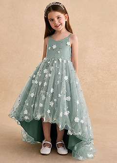 Azazie Celia Flower Girl Dresses Eucalyptus A-Line Spaghetti Strap Tulle Dress image5