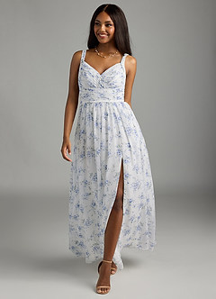 Azazie Chanel Jurken voor bruidsmeisjes Jurk van Chiffon met A-Lijn Geplooid Blauw Huisje Bloemen image2