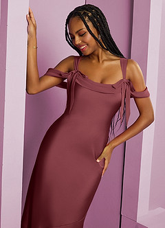 Barbie ♥ Azazie Bridesmaid Dresses Merlot Sheath Pleated Stretch Satin Dress image14