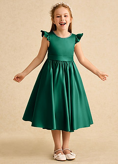 Azazie Dumpling Flower Girl Dresses Emerald A-Line Bow Matte Satin Dress image2